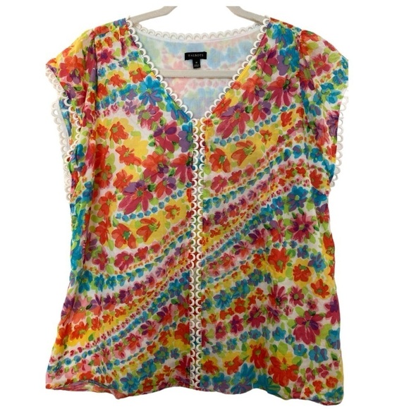 Talbots top,cap sleeves, multicolored pastels size M, trim on neck,front,sleeves - Picture 1 of 6